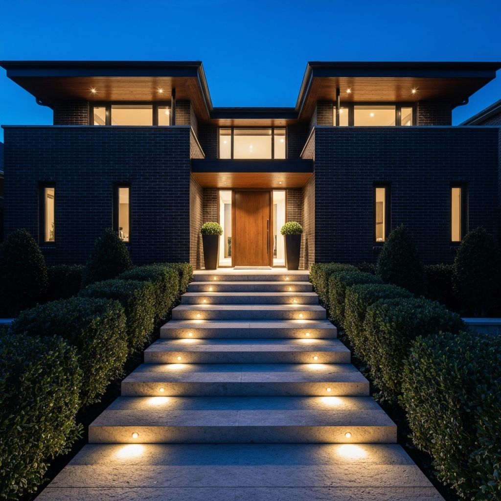 Greensborough Steps — Limestone step entry, integrated LED riser lighting, basalt nosing.
