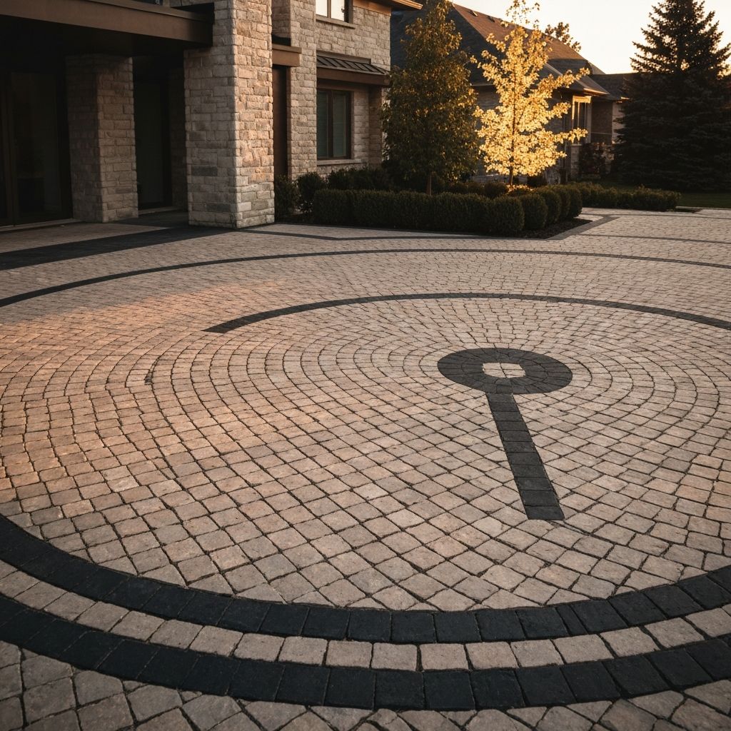 Wismer Walk — Banded charcoal border with sand-set fan motif. Heated apron at the garage threshold.