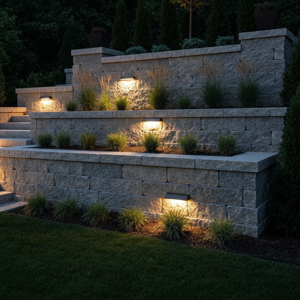 Bayview Terrace — Three-tier dry-stack granite retaining wall, 1.8 m total grade change with planted ledges.